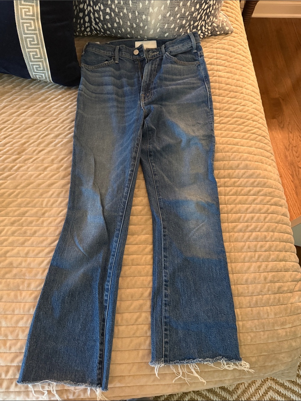 MOTHER Straight-Leg Blue Denim Jeans with Raw Hem